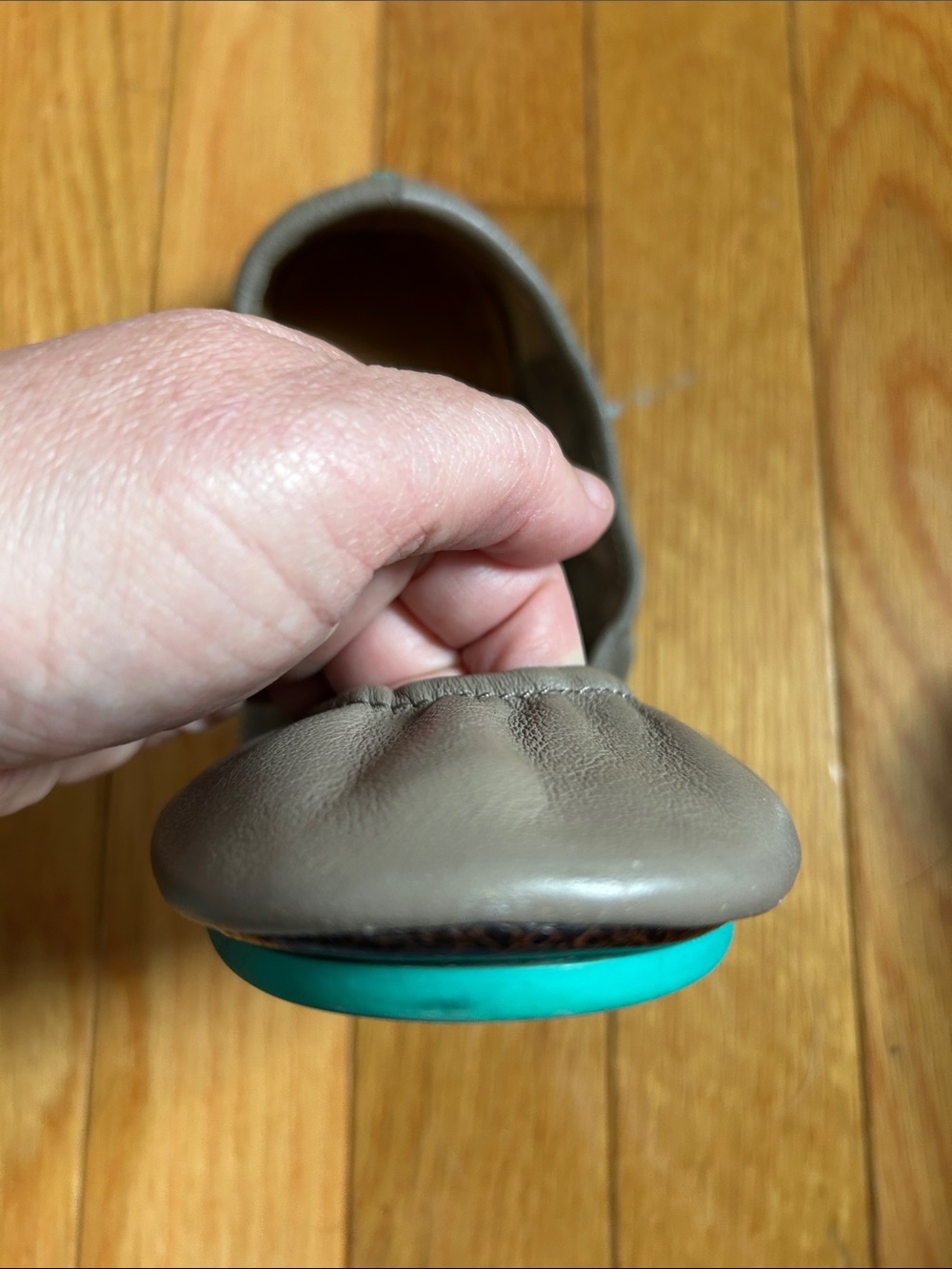 Tieks Light Brown/Khaki Leather Ballet Flats with Teal Trim - Picture 6 of 11
